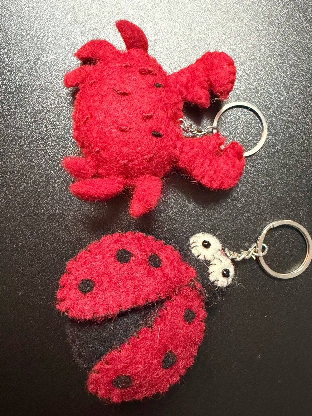 Red Felt Ladybug and Crab Keychain Toy Duo hand made